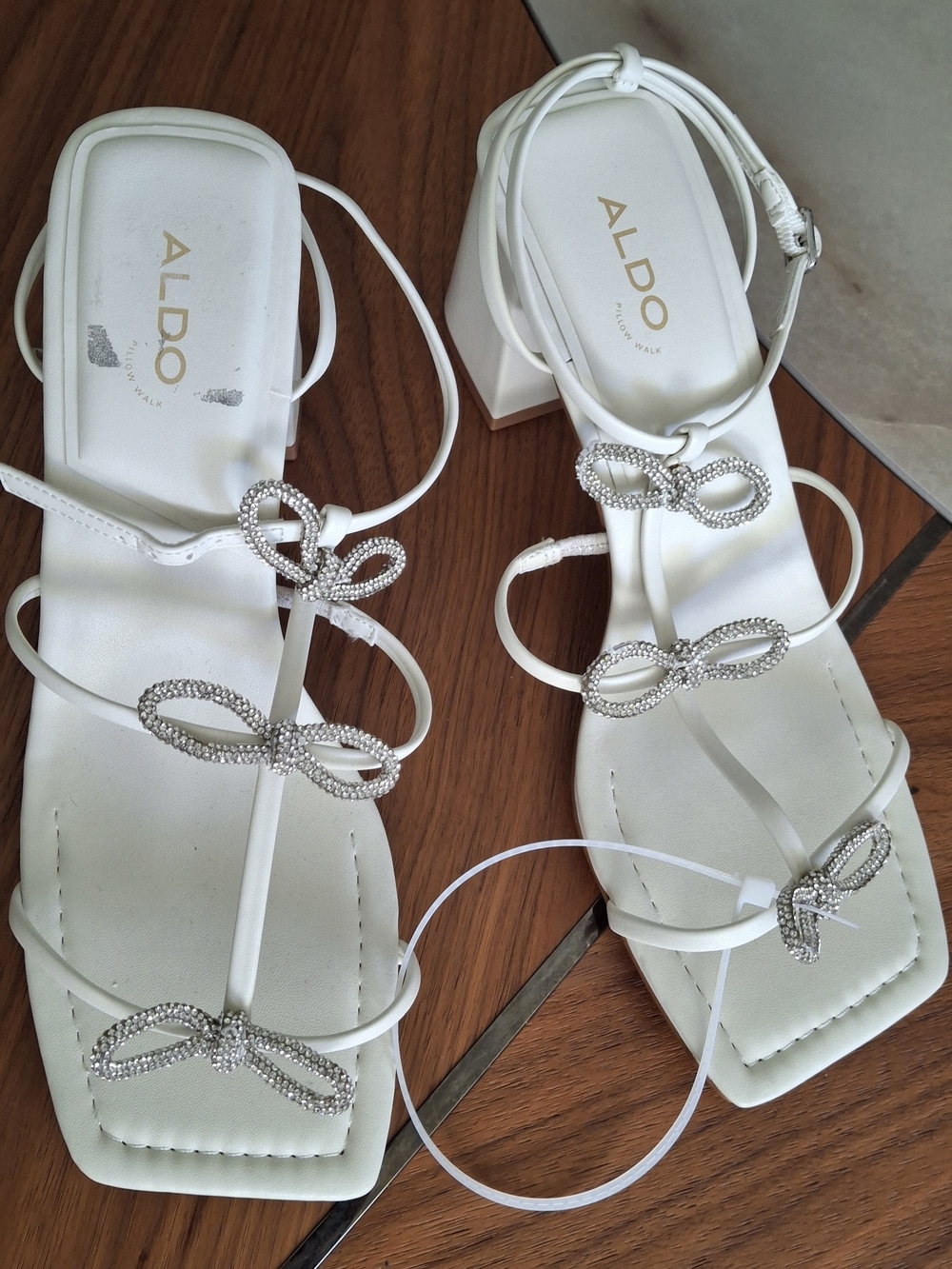 ALDO White Crystal Bow Strappy Block Heel Sandals